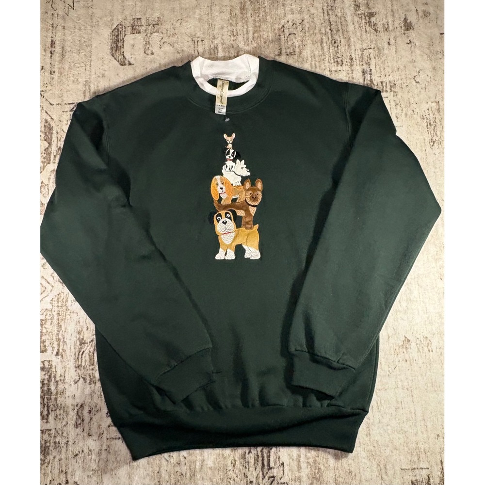 Decorated Originals Green Embroidered Dog Stack Sweatshirt Double Neck Women S
